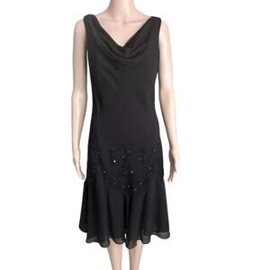 Vintage Y2K Black Beaded Midi Dress Cowl Neck Prom Whimsigoth Dark Fairy